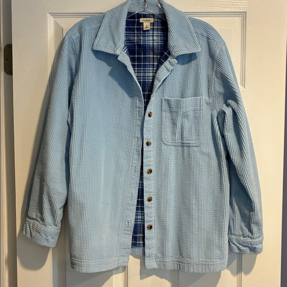 LL Bean Button Down Corduroy Shirt Jacket, Light Blue/flannel lined, Size small